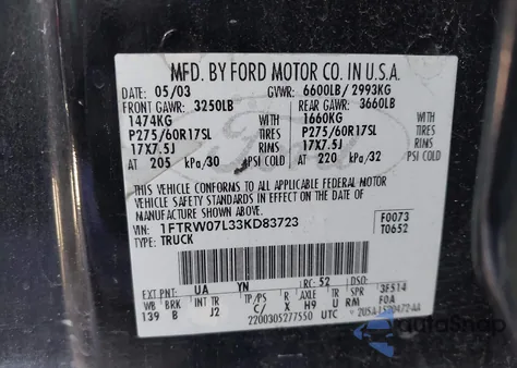 2003 Ford F-150 Lariat/Xlt from USA, damaged, VIN 1FTRW07L33KD83723